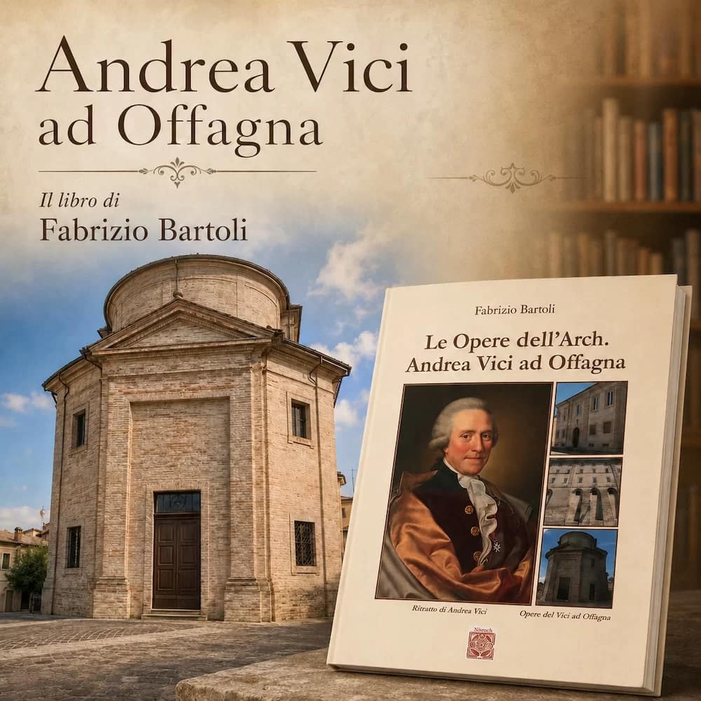 La chiesa del Santissimo Sacramento di Offagna accanto alla copertina del libro di Fabrizio Bartoli dedicato alle opere di Andrea Vici
